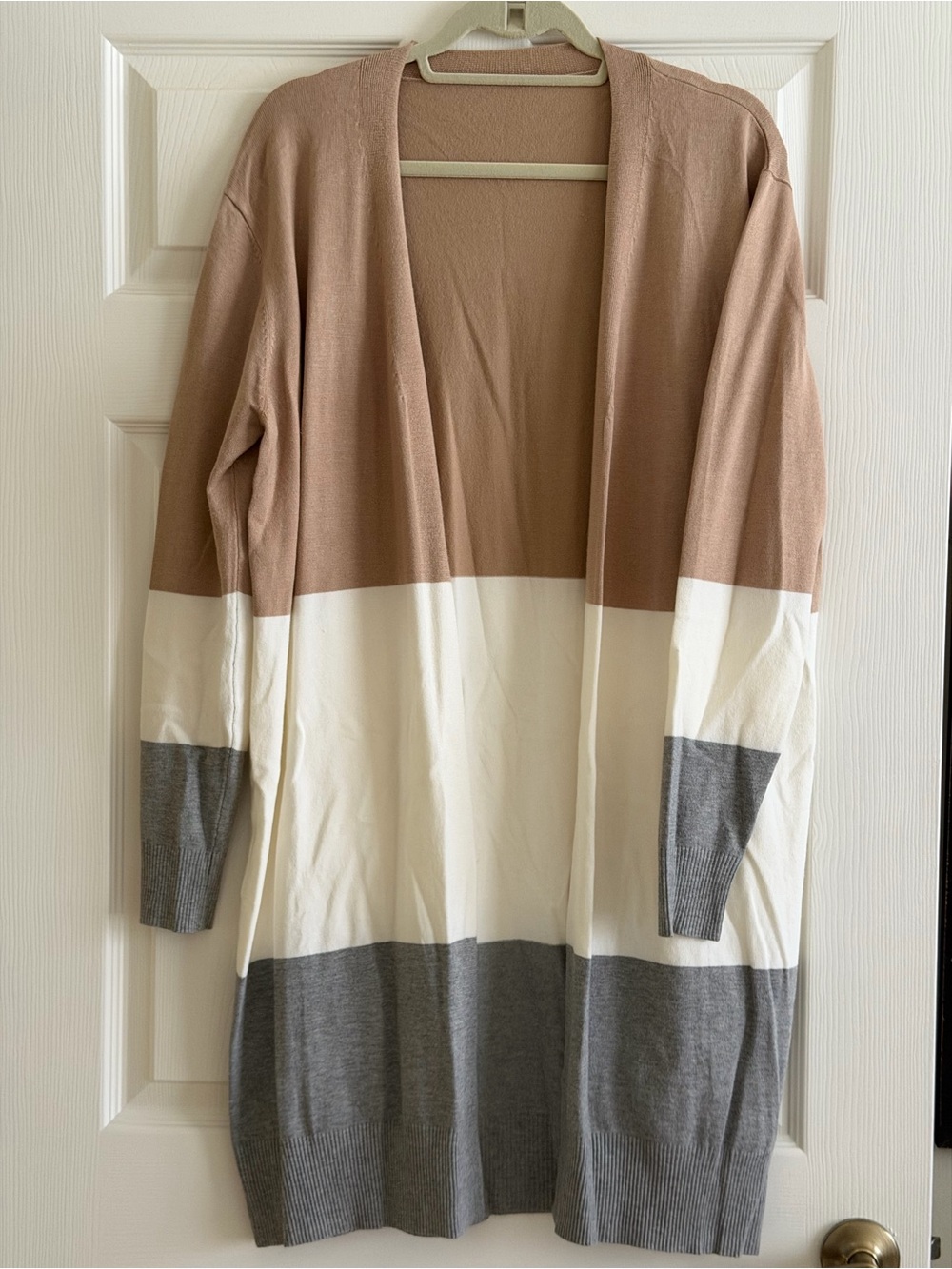 Colorblock Open-Front Long Cardigan - Cream, Taupe & Gray